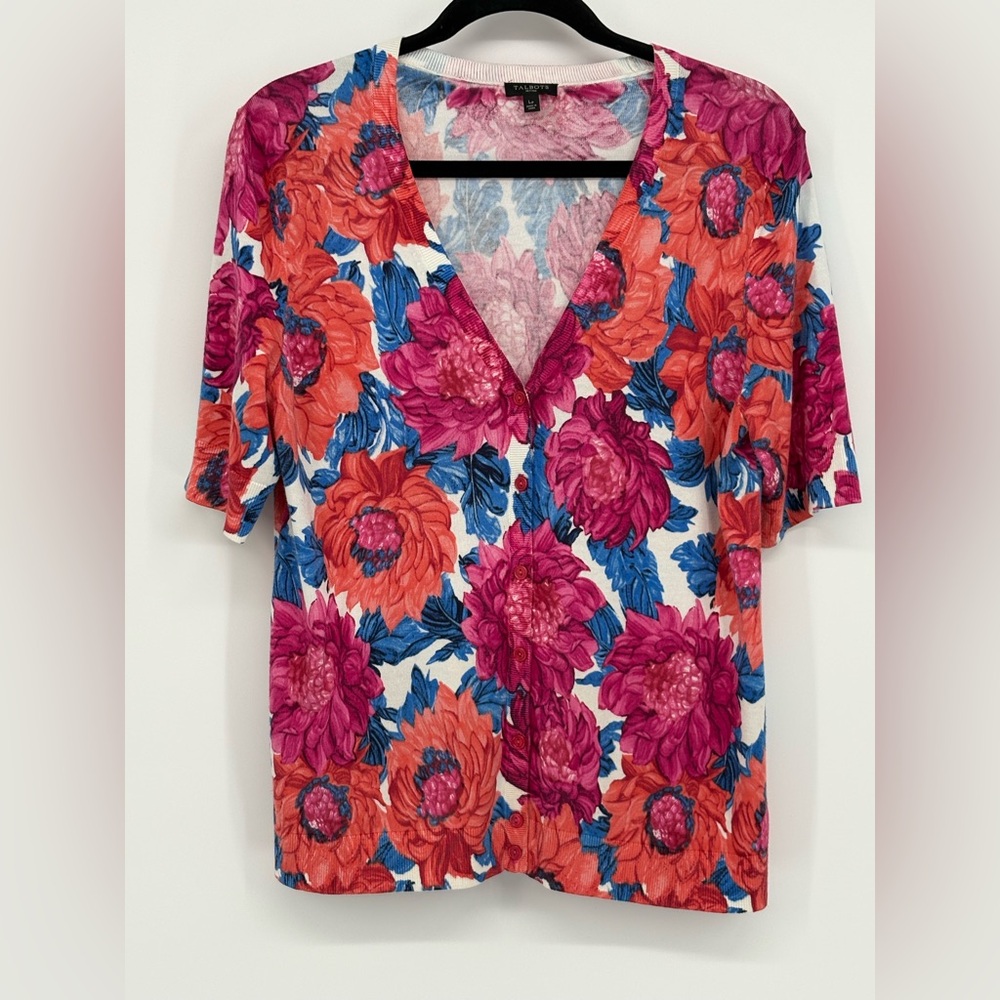 TALBOTS Sweater Floral V Neck Cardigan Short Sleeve Women’s Large Petite